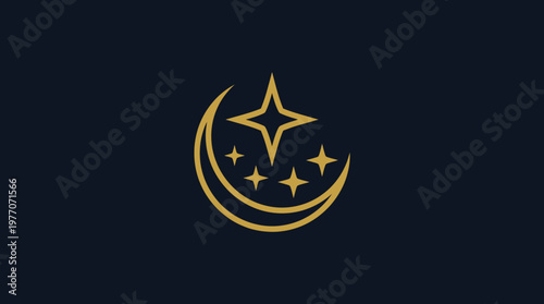 Golden Crescent Moon And Star Logo On Dark Blue Background