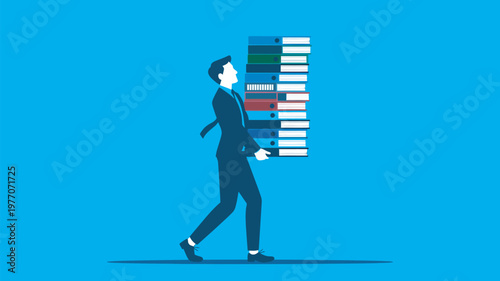 A busy businessman carrying a large stack of books in a blue office environment