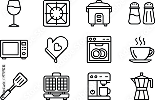 Kitchen appliance line icons set, cooking tools collection, microwave oven coffee maker waffle iron stove rice cooker utensils vector