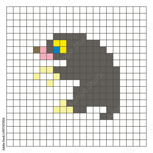 A flat pixel design made of geometric square color blocks on a clean grid layout. Pixel art mole