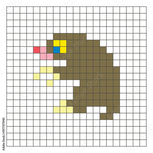 A flat pixel design made of geometric square color blocks on a clean grid layout. Pixel art mole