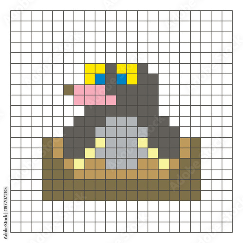 A flat pixel design made of geometric square color blocks on a clean grid layout. Pixel art mole