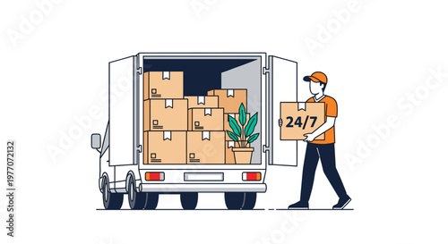 Delivery man wearing an orange uniform loads cardboard boxes into a white van with a 24/7 service sign in a flat vector design style.
