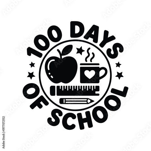 Black and white 100 days of school celebration with pencil and ruler