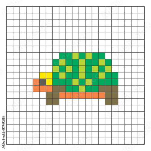A flat pixel design made of geometric square color blocks on a clean grid layout. Pixel art tortoise