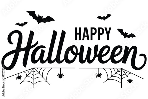 Black and white halloween greeting with bats, pumpkins, and spider web