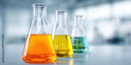 Chemistry. Orange solution glass flask in blue chemical school lab. Laboratory research. Test tube containing liquid. Science background. Beaker With Formula. No people. Chemically Equipment Glassware