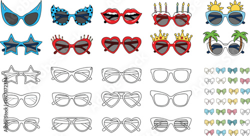 Cute novelty sunglasses and glasses frames vector set featuring star, heart, lips, crown, palm tree and bow shaped eyewear collection