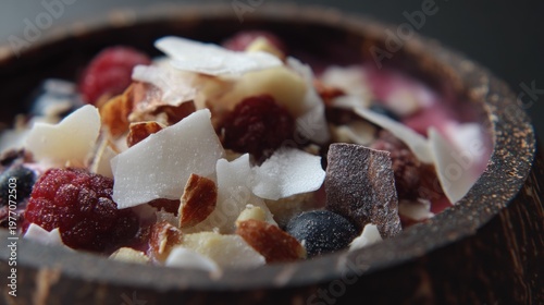 Close up shows mixed berries and toppings in a natural container