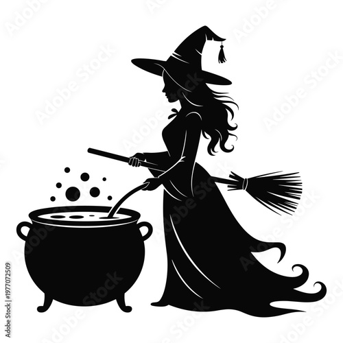 Black and white of a witch stirring a cauldron black cat