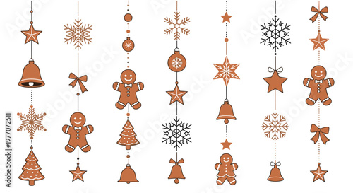 Festive border of hanging Christmas gingerbread cookies, snowflakes, stars, and bells in a warm brown color on a white background.