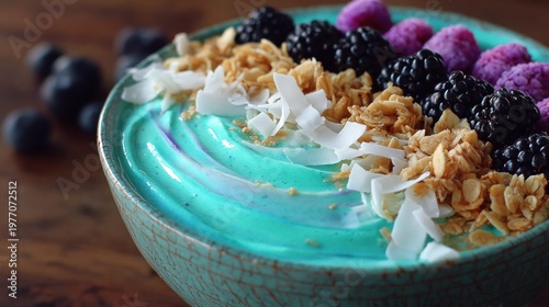 Vibrant blue frozen dessert is generously topped with dark berries, toasted grains, and white coconut flakes