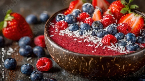 Vibrant mixed berry smoothie bowl presented in a natural shell container surrounded by fresh fruits.