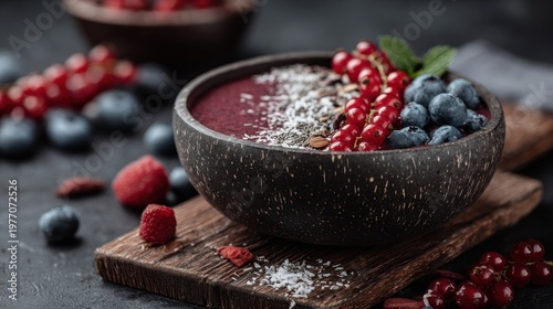 Hearty berry smoothie bowl prepared with dark fruit and toppings sits on a rustic wooden surface