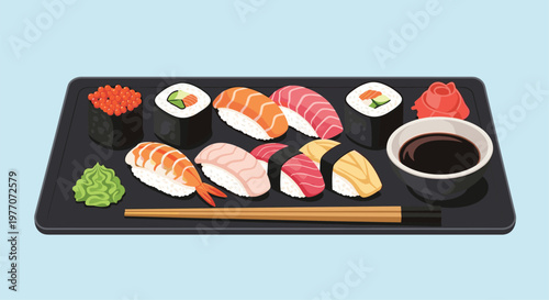 Extensive sushi platter on a black tray including various rolls, nigiri, maki, wasabi, ginger, and a bowl of soy sauce with chopsticks.