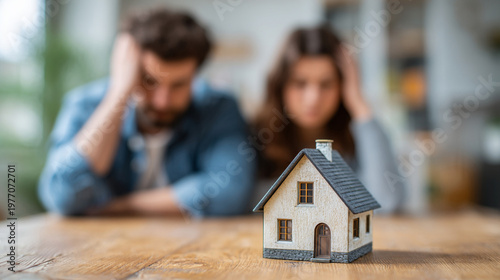 Financial Stress and Mortgage Concept: Young Couple in Despair Behind Small House Model