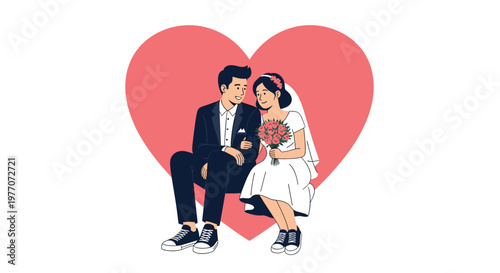 Newlywed couple sitting together in their wedding attire against a large pink heart backdrop in a sweet flat vector illustration.
