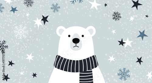 Sad looking polar bear wearing a striped scarf in a snowy winter landscape filled with stars and snowflakes for a seasonal card.