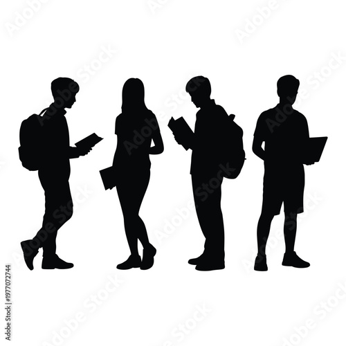 Black silhouette figures walking in a row black silhouettes