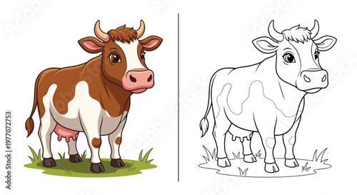 Cute brown and white dairy cow standing on grass next to its black and white line art coloring page version for children's activity.