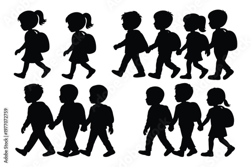 Black silhouette figures walking in two rows black silhouettes