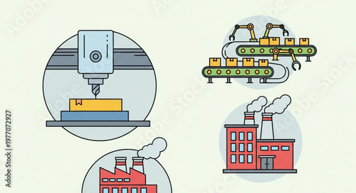 Industrial manufacturing and production process icons.