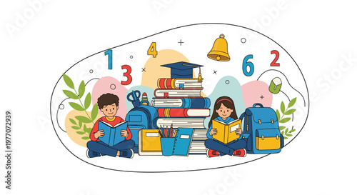 Diverse school children sitting on the floor reading books next to a large stack of textbooks and classroom supplies.