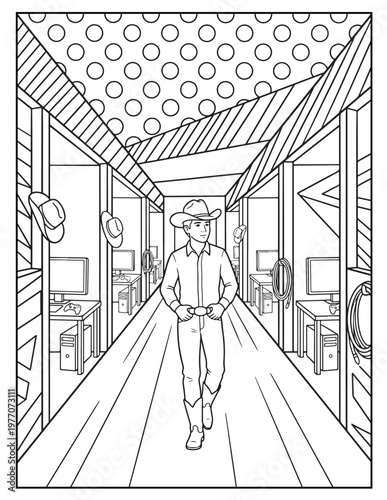 A cowboy walks down a hallway with computers and hats on the wall