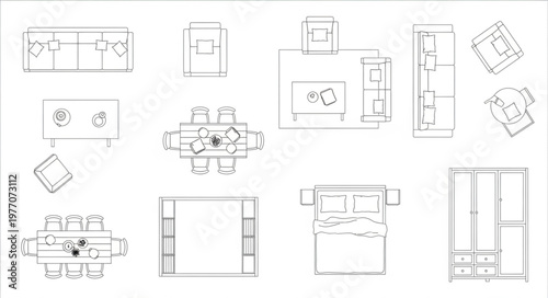 Architectural Floor Plans and Elevations of Rooms and Furniture.