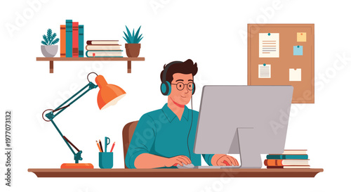 Focused young man wearing headphones working on a computer in a comfortable and well lit home office environment.