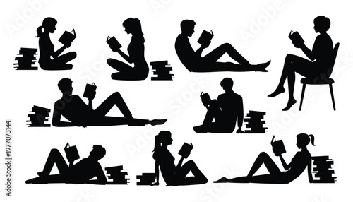 Seven people in black silhouettes performing various yoga poses