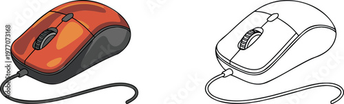 Computer gaming mouse illustration & outline set isolated on transparent background 