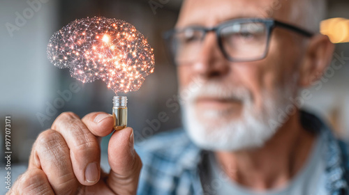 Senior man holding a capsule with glowing digital brain visualization symbolizing cognitive health, neuroscience innovation and memory enhancement technology.