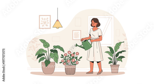 Cheerful woman in a white dress watering her indoor potted plants with a green watering can in a cozy living room.