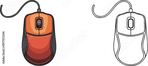 Computer gaming mouse illustration & outline set isolated on transparent background 