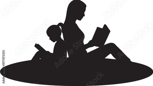 Mother and daughter reading books silhouette vector, woman and child sitting back to back with literature, family educational activity icon, black and white parenting and literacy illustration