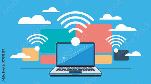 A laptop computer with a Wi-Fi signal surrounded by colorful blocks and clouds on a blue background
