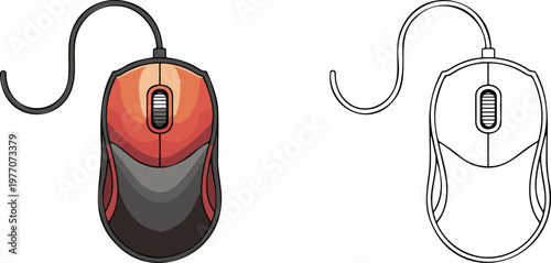 Computer gaming mouse illustration & outline set isolated on transparent background 