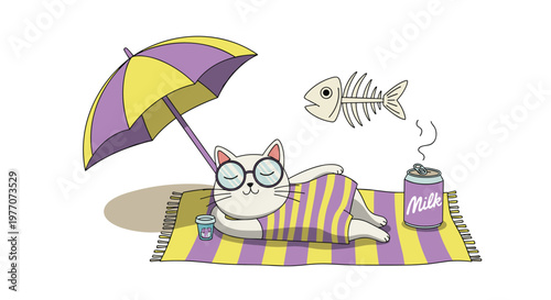 Cute white cat wearing sunglasses and relaxing on a beach towel under a colorful umbrella with a chilled can of milk.