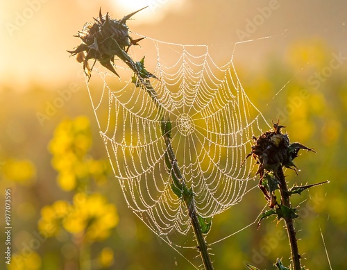 Dew drops on a spider web in the morning sun.