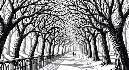 Dramatic black and white illustration of two figures walking along a tree lined path through a beautiful winter park.