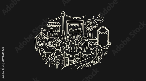 Doodle Art of a Festive Community Event on Black Backdrop