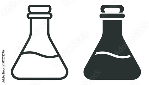 laboratory flask icon, chemistry glassware with liquid container, outline and silhouette vector illustration isolated on transparent background