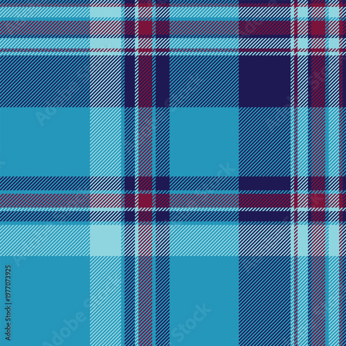 1970s seamless pattern textile, diagonal fabric vector check. Brazil texture tartan background plaid in cyan and indigo colors.