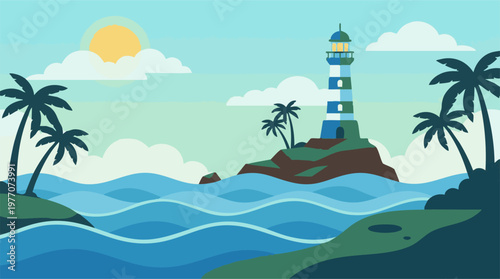 Stylized coastal landscape with a lighthouse, palm trees, and ocean waves