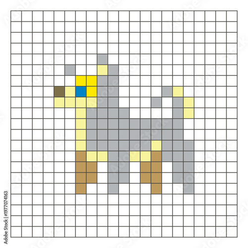 A flat pixel design made of geometric square color blocks on a clean grid layout. Pixel art dog