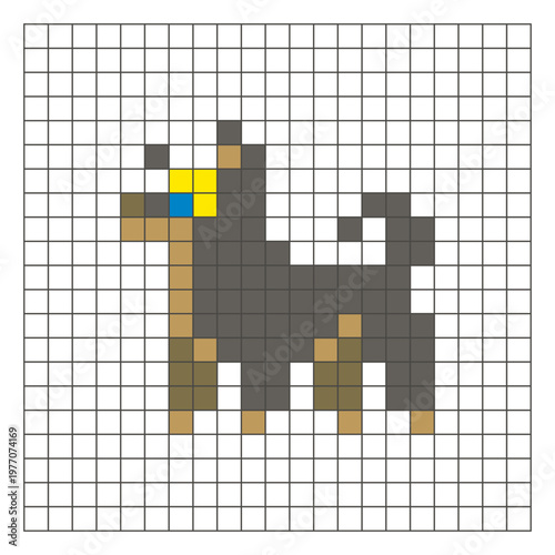 A flat pixel design made of geometric square color blocks on a clean grid layout. Pixel art dog