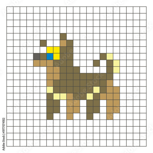 A flat pixel design made of geometric square color blocks on a clean grid layout. Pixel art dog