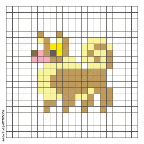 A flat pixel design made of geometric square color blocks on a clean grid layout. Pixel art dog
