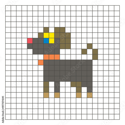 A flat pixel design made of geometric square color blocks on a clean grid layout. Pixel art dog